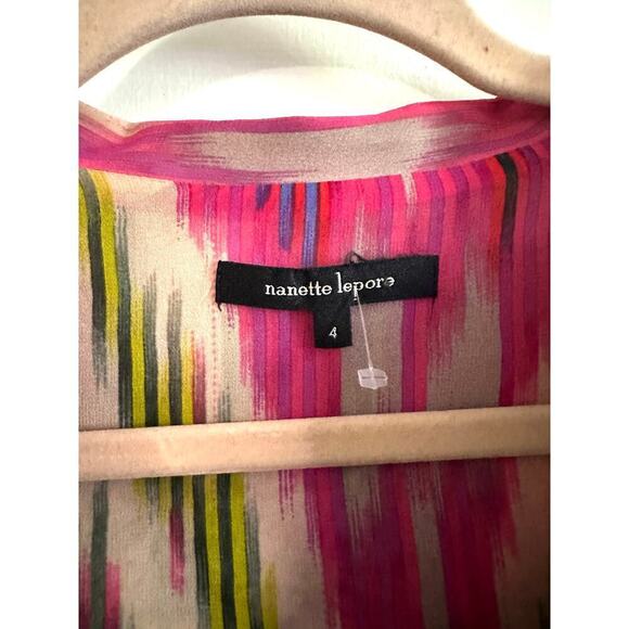 NANETTE LEPORE 100% Silk Abstract Print Semi-Sheer Drawstring Top Blouse - Sz 4 - Picture 2 of 5